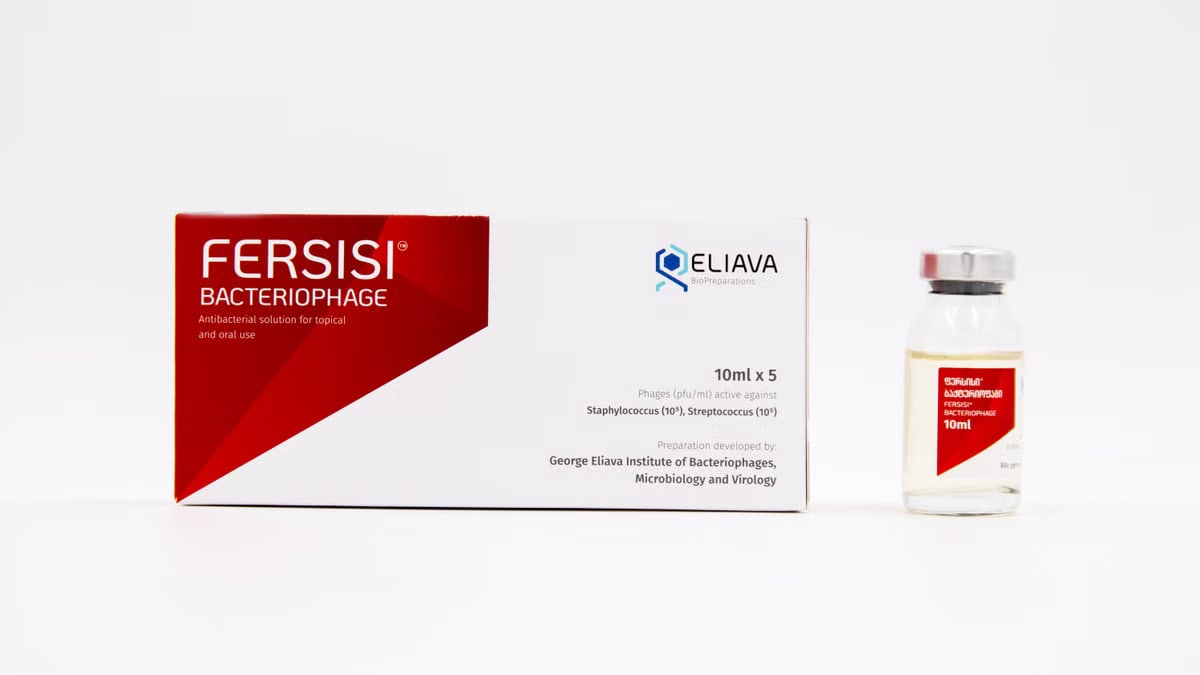 Photograph of FERSISI bacteriophage antibacterial solution for topical and oral use with packaging on white background.